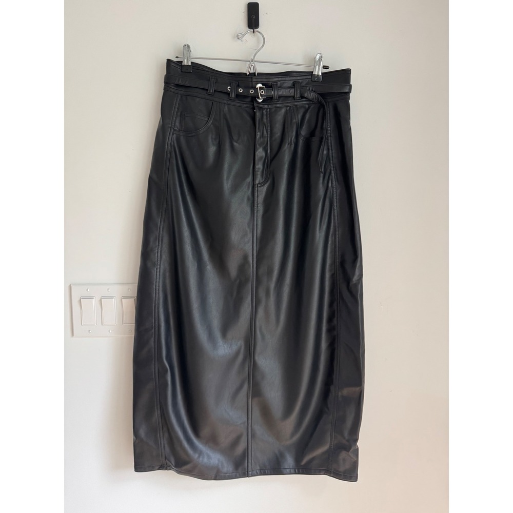 Pilcro Black Faux Leather Belted Midi Skirt OB2100779 Size 8